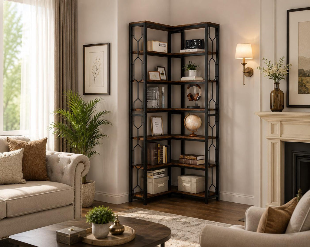Tribesigns 7-Tier Industrial Corner Bookshelf, Wood Metal Display Shelf