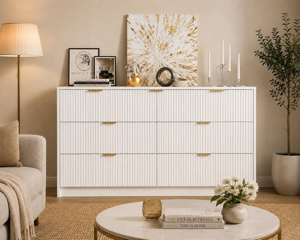 Modern 9 Drawer Dresser, Fluted Panel Storage Chest, Gold Handles