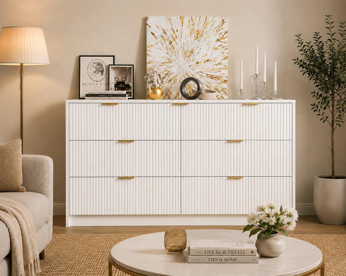 Modern 9 Drawer Dresser, Fluted Panel Storage Chest, Gold Handles