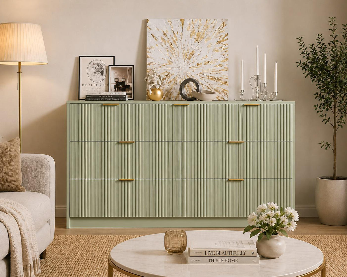 Modern 9 Drawer Dresser, Fluted Panel Storage Chest, Gold Handles