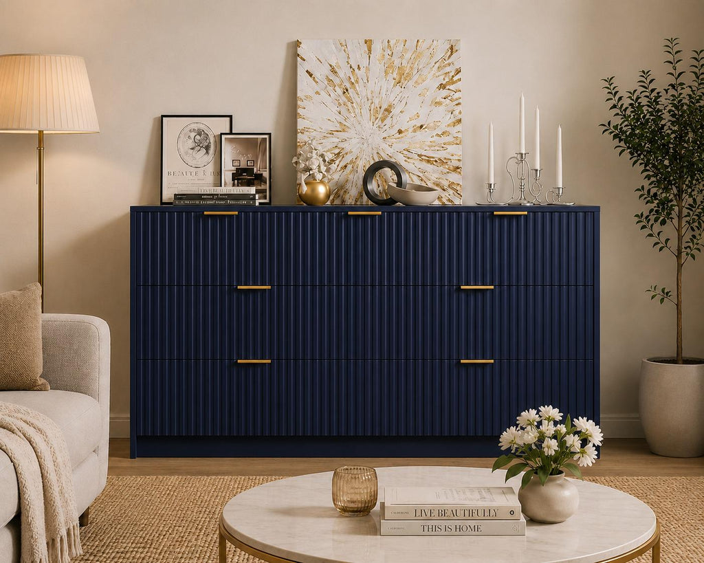 Modern 9 Drawer Dresser, Fluted Panel Storage Chest, Gold Handles