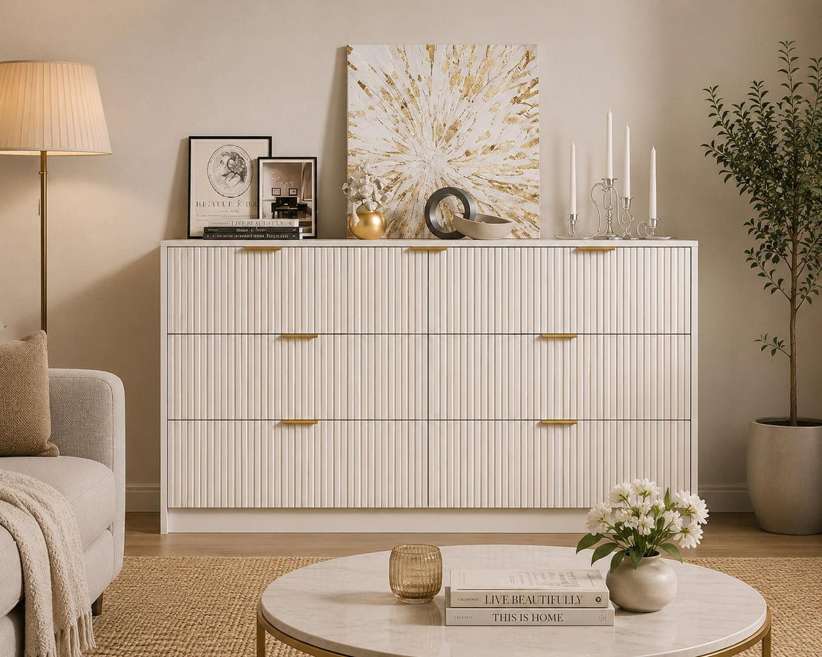 Modern 9 Drawer Dresser, Fluted Panel Storage Chest, Gold Handles