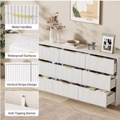 Modern 9 Drawer Dresser, Fluted Panel Storage Chest, Gold Handles