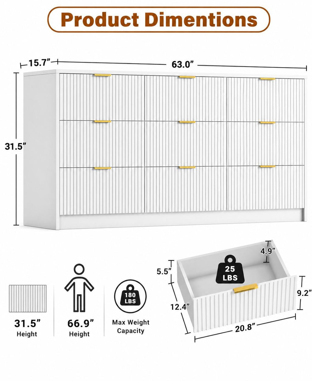 Modern 9 Drawer Dresser, Fluted Panel Storage Chest, Gold Handles