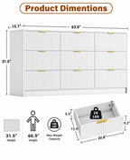 Modern 9 Drawer Dresser, Fluted Panel Storage Chest, Gold Handles