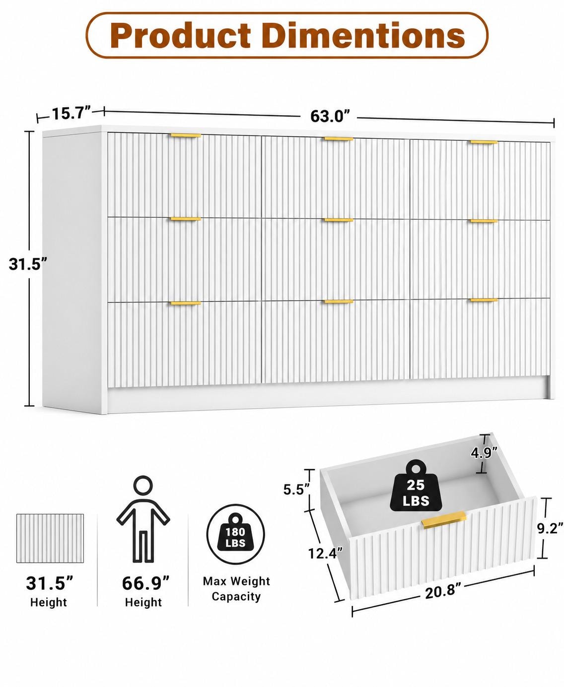 Modern 9 Drawer Dresser, Fluted Panel Storage Chest, Gold Handles