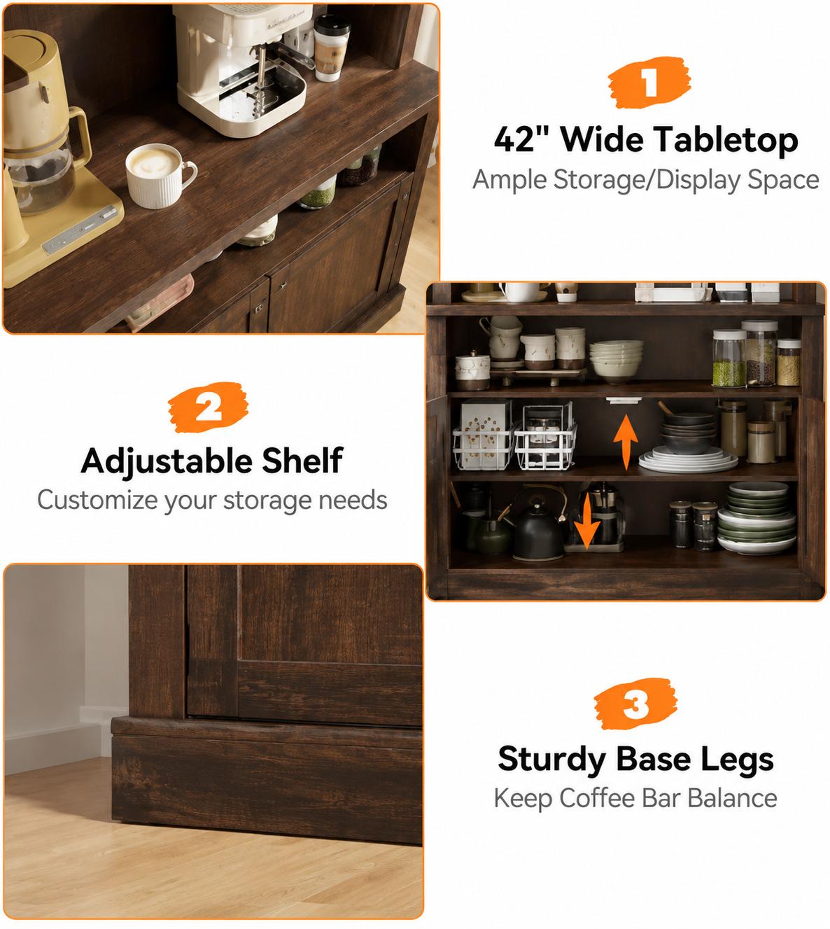 Farmhouse Coffee Bar Cabinet with LED Lights, Antique White Oak Storage Hutch