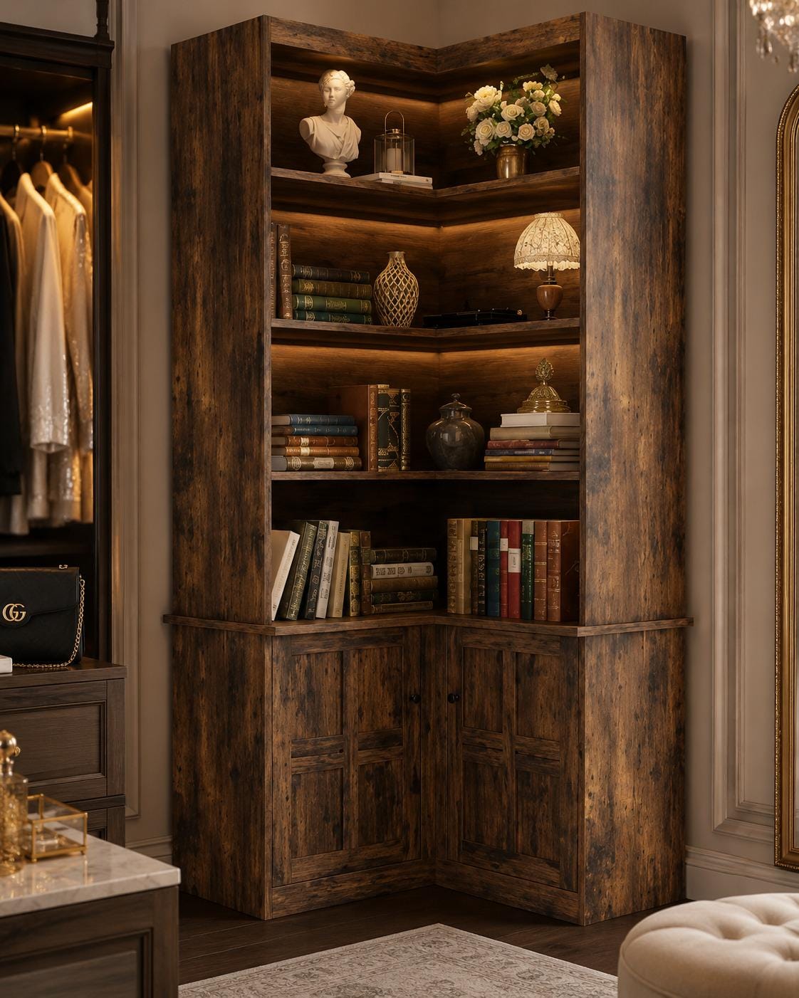 Rustic Tall Corner Bookshelf With Storage Cabinet, L-Shaped Bookcase
