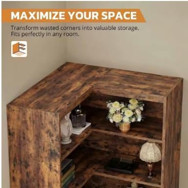 Rustic Tall Corner Bookshelf With Storage Cabinet, L-Shaped Bookcase