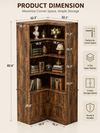 Rustic Tall Corner Bookshelf With Storage Cabinet, L-Shaped Bookcase