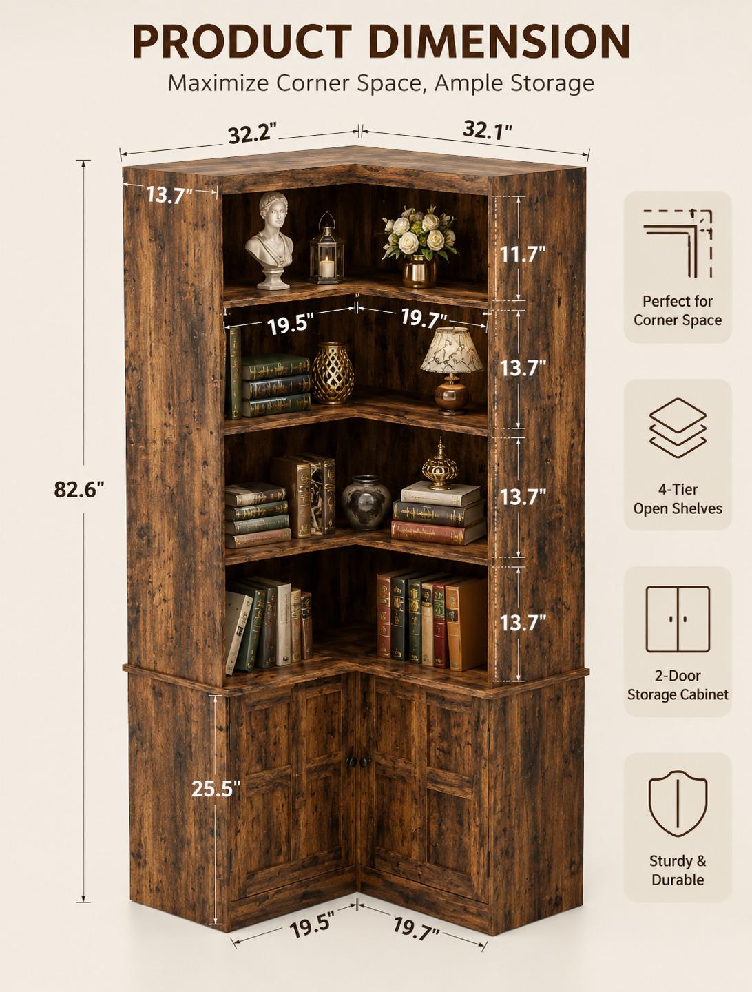 Rustic Tall Corner Bookshelf With Storage Cabinet, L-Shaped Bookcase