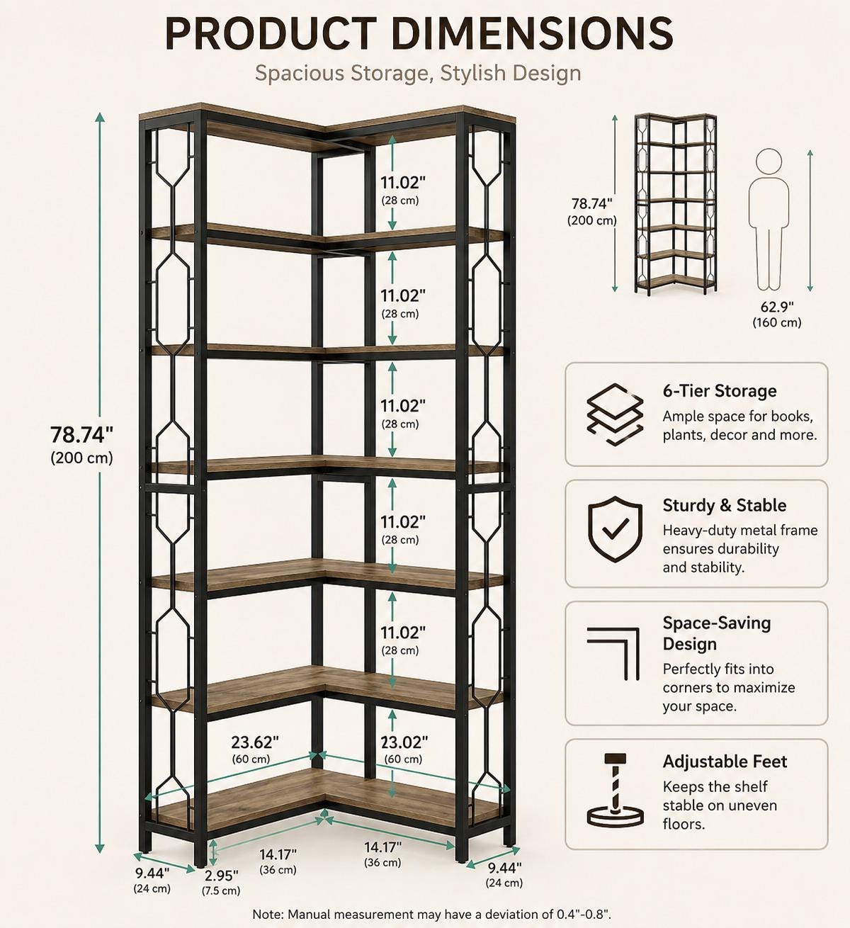 Tribesigns Corner Shelf, 7-Tier Industrial Corner Bookshelf, Wood and Metal Corner Etagere Bookcase