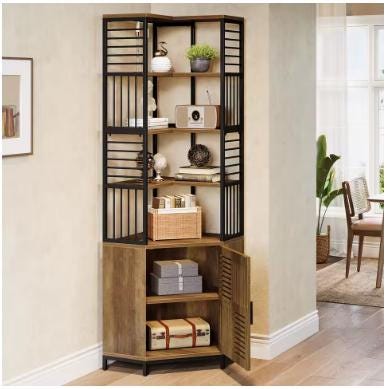 Industrial Corner Bookshelf with Cabinet, 7-Tier Tall Storage Tower