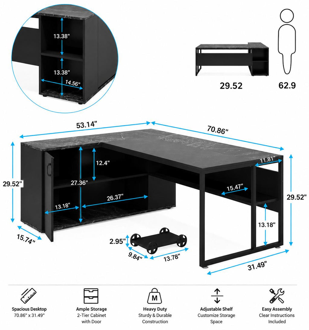 Tribesigns 71 inch Executive Desk, L Shaped Desk with Cabinet Storage, Executive Office Desk with Shelves, Business Furniture