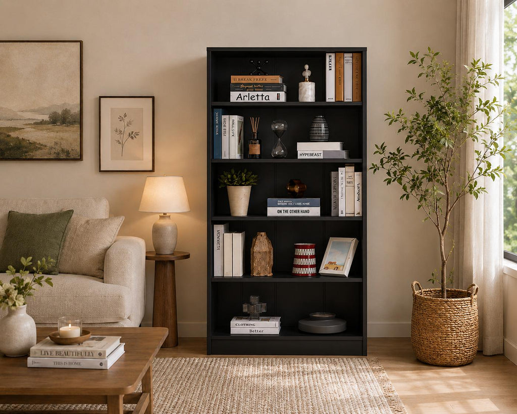 White 5-Shelf Modern Wood Bookshelf, 60 Inches Tall Living Room Bookcase