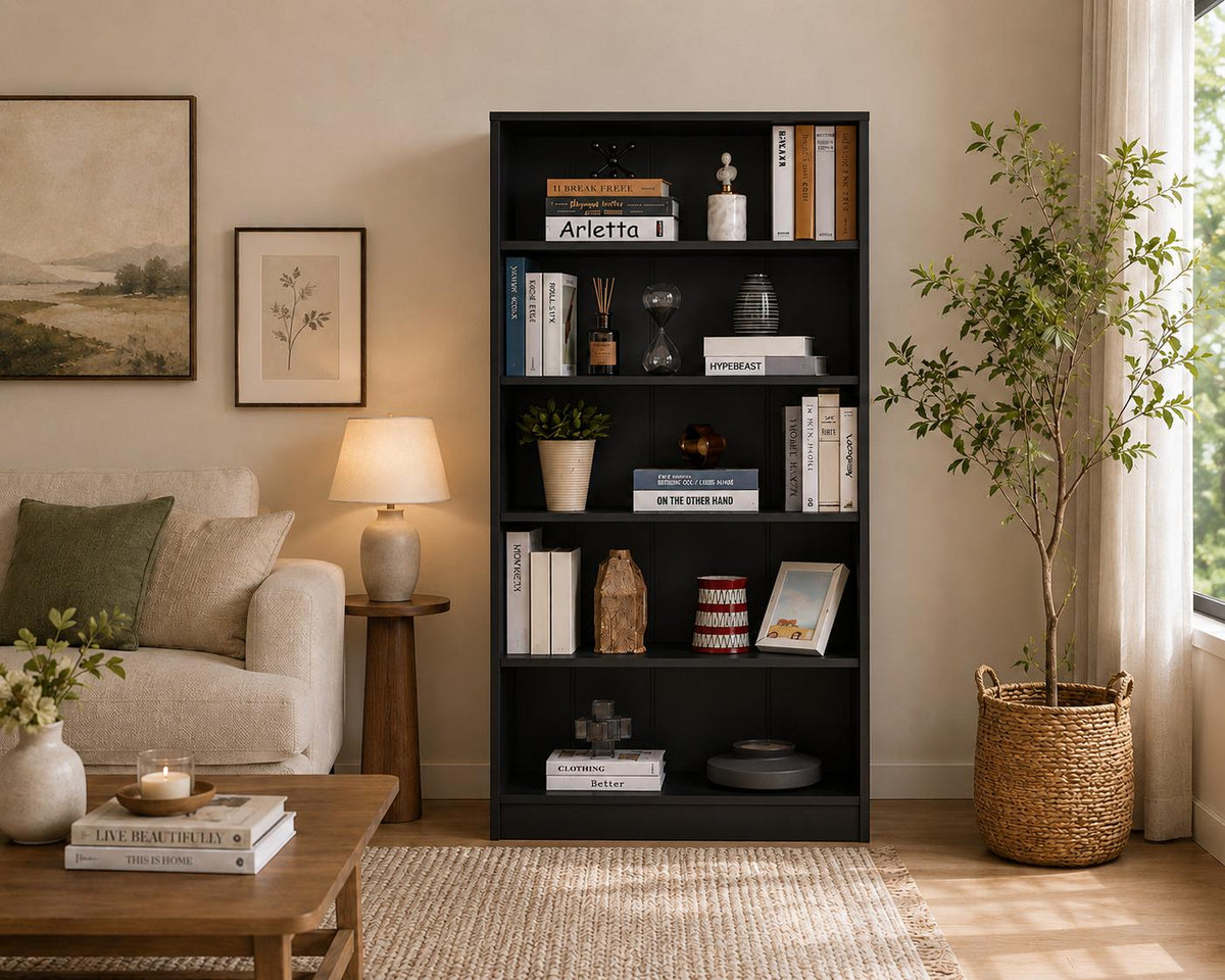 White 5-Shelf Modern Wood Bookshelf, 60 Inches Tall Living Room Bookcase