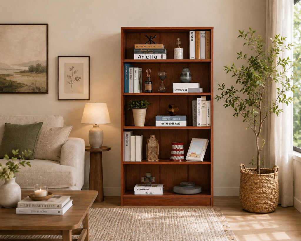 White 5-Shelf Modern Wood Bookshelf, 60 Inches Tall Living Room Bookcase