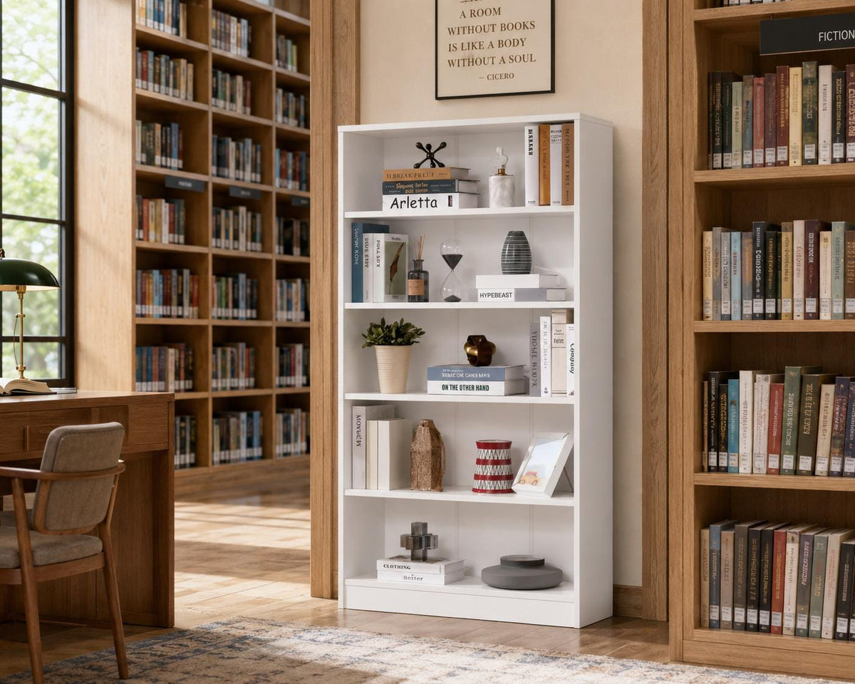 White 5-Shelf Modern Wood Bookshelf, 60 Inches Tall Living Room Bookcase