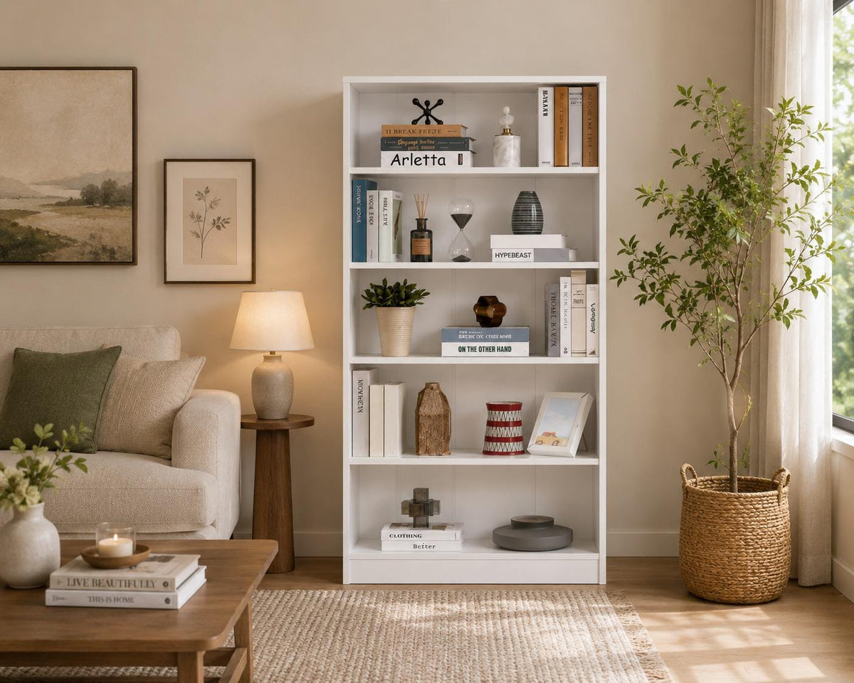 White 5-Shelf Modern Wood Bookshelf, 60 Inches Tall Living Room Bookcase
