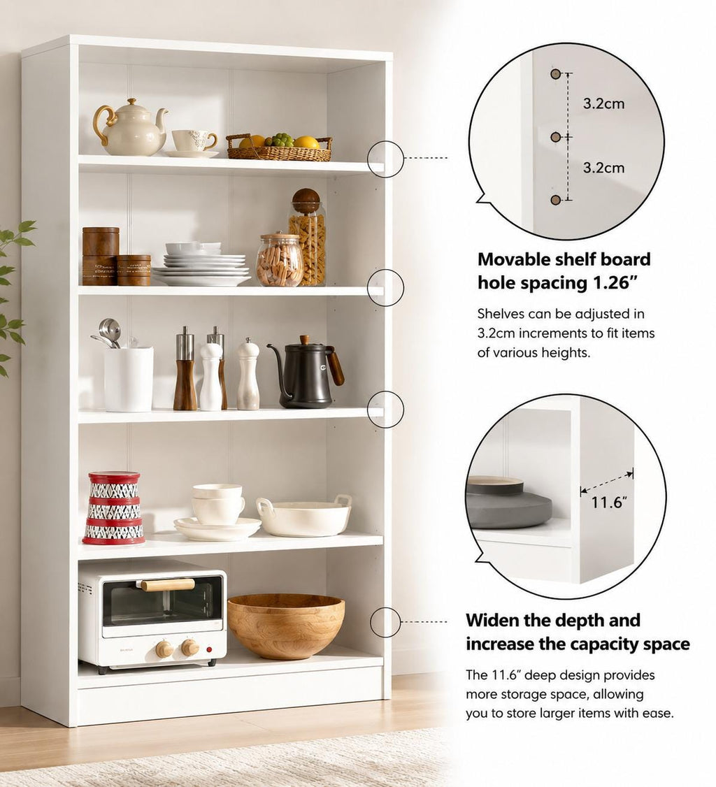 White 5-Shelf Modern Wood Bookshelf, 60 Inches Tall Living Room Bookcase