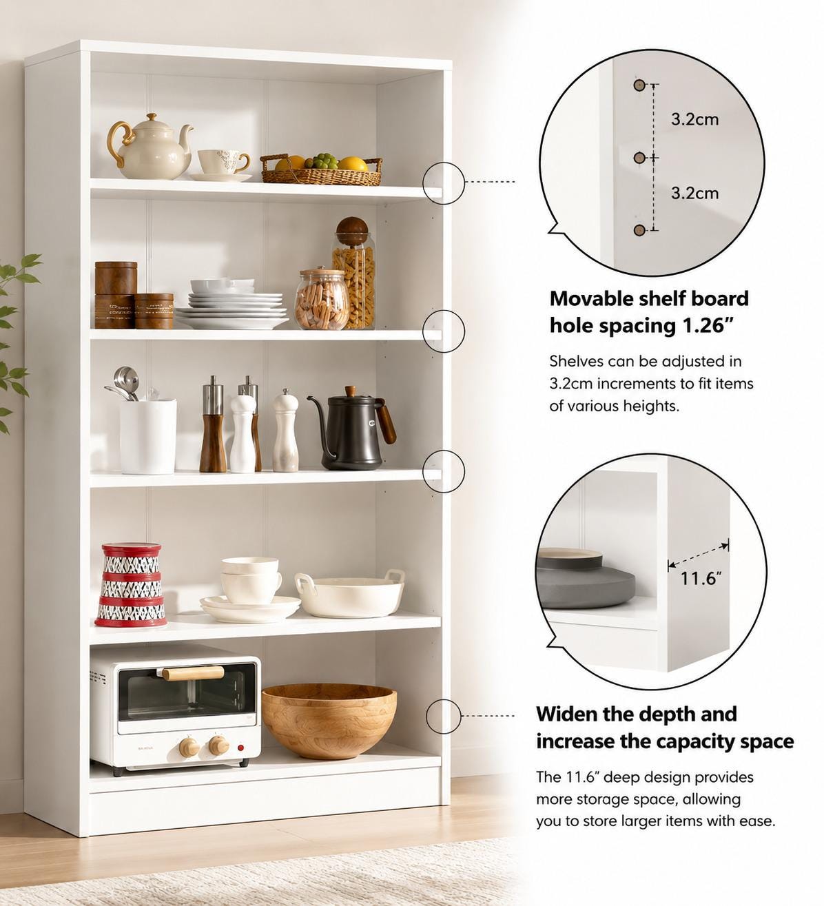 White 5-Shelf Modern Wood Bookshelf, 60 Inches Tall Living Room Bookcase