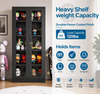 Black Metal Display Cabinet with Glass Doors, 4 Adjustable Shelves, Lock
