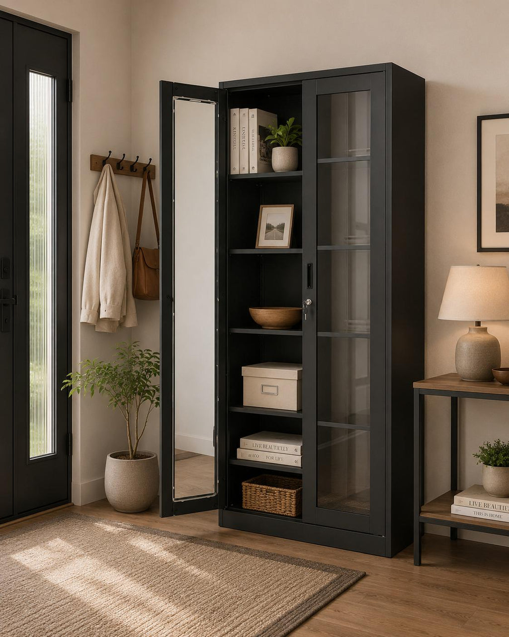 Black Metal Display Cabinet with Glass Doors, 4 Adjustable Shelves, Lock