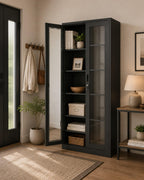 Black Metal Display Cabinet with Glass Doors, 4 Adjustable Shelves, Lock