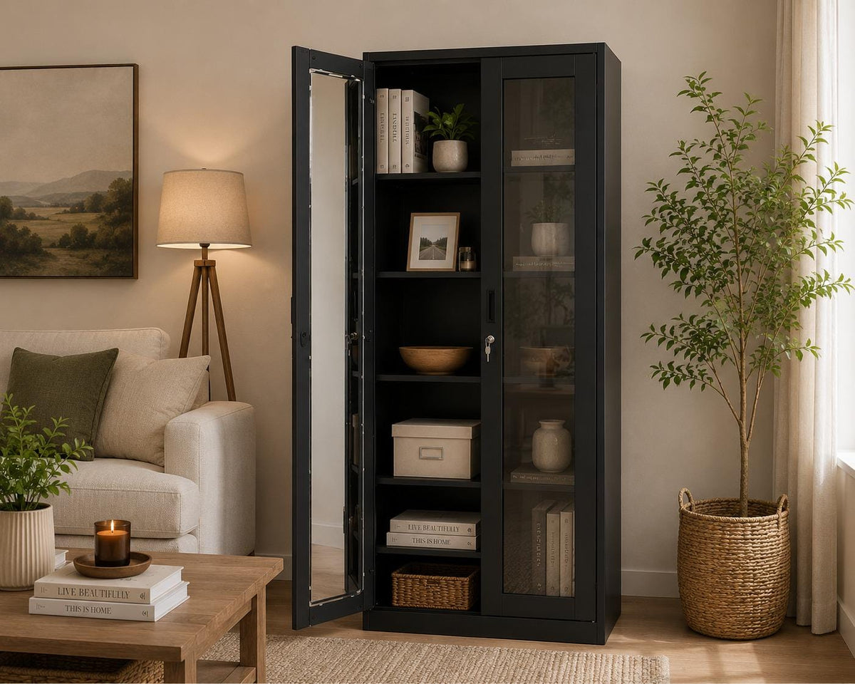 Black Metal Display Cabinet with Glass Doors, 4 Adjustable Shelves, Lock
