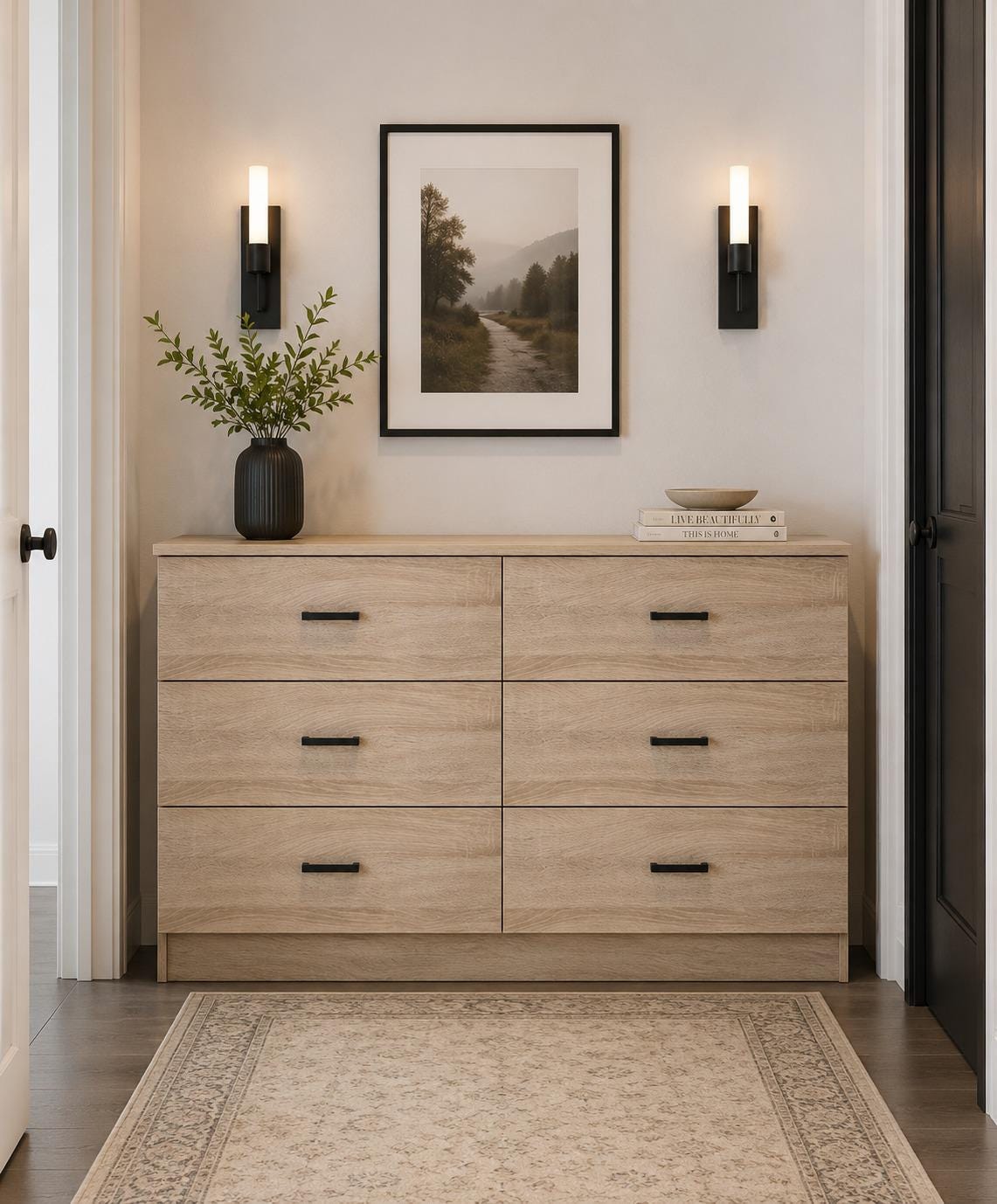 Modern 6 Drawer Dresser, Wood Grain Storage Chest, Bedroom Furniture Organizer