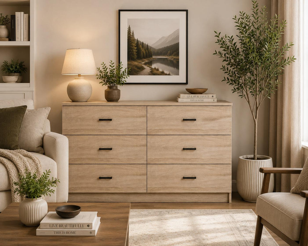 Modern 6 Drawer Dresser, Wood Grain Storage Chest, Bedroom Furniture Organizer