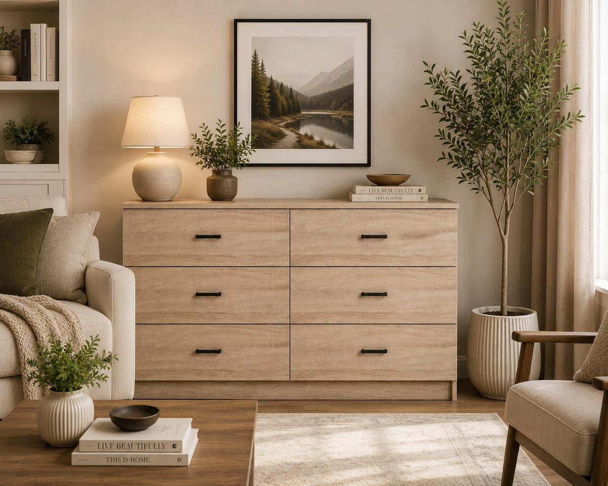 Modern 6 Drawer Dresser, Wood Grain Storage Chest, Bedroom Furniture Organizer