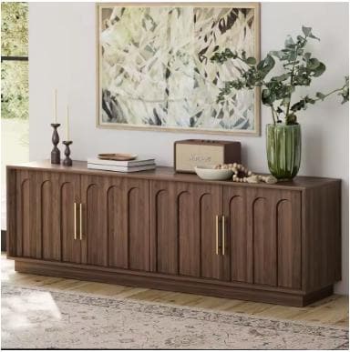 Mid Century Modern TV Stand, Arched Walnut Wood Grain Media Console