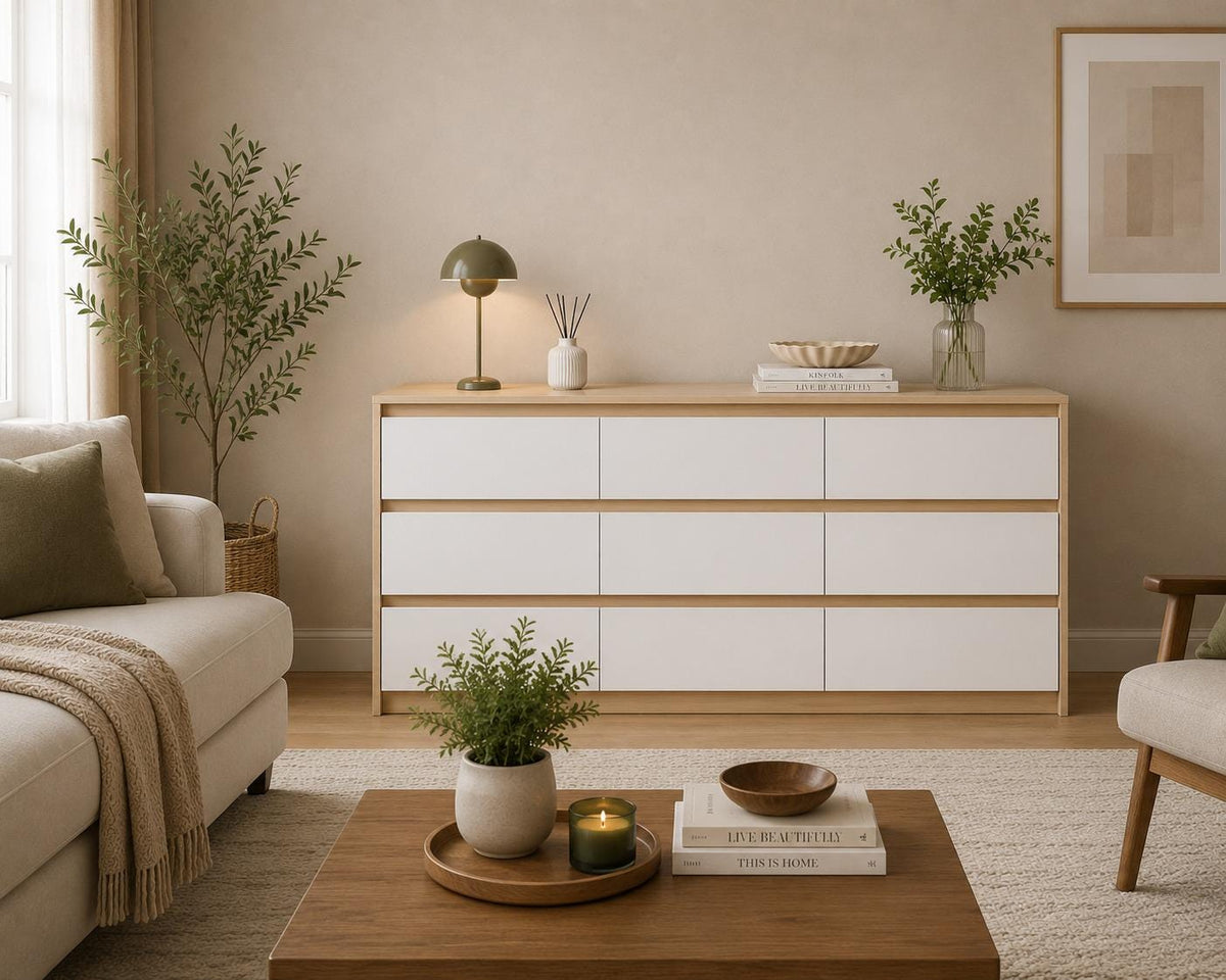 63 Wide Wooden Chest Storage Organizer, No Handle, Oak & White, Bedroom/Living Room/Hallway