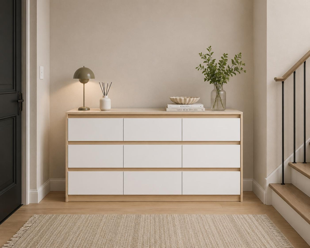 63 Wide Wooden Chest Storage Organizer, No Handle, Oak & White, Bedroom/Living Room/Hallway
