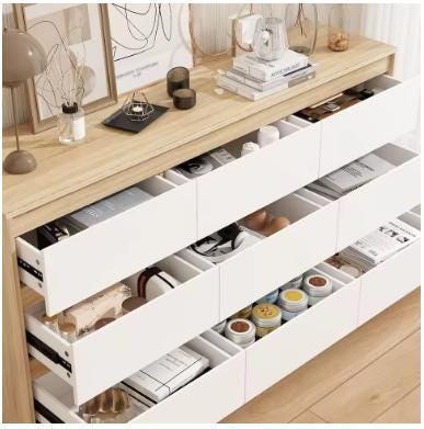 63 Wide Wooden Chest Storage Organizer, No Handle, Oak & White, Bedroom/Living Room/Hallway