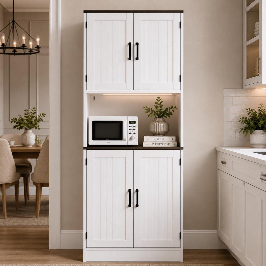Farmhouse Pantry Cabinet with Charging Station, 71" Storage Hutch, Adjustable Shelves