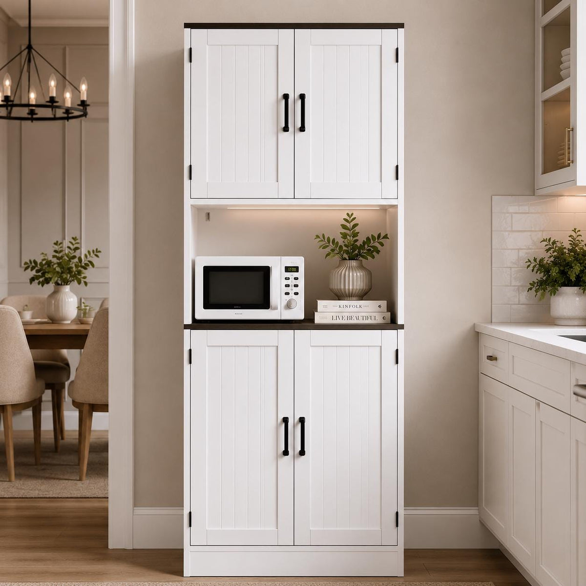 Farmhouse Pantry Cabinet with Charging Station, 71" Storage Hutch, Adjustable Shelves