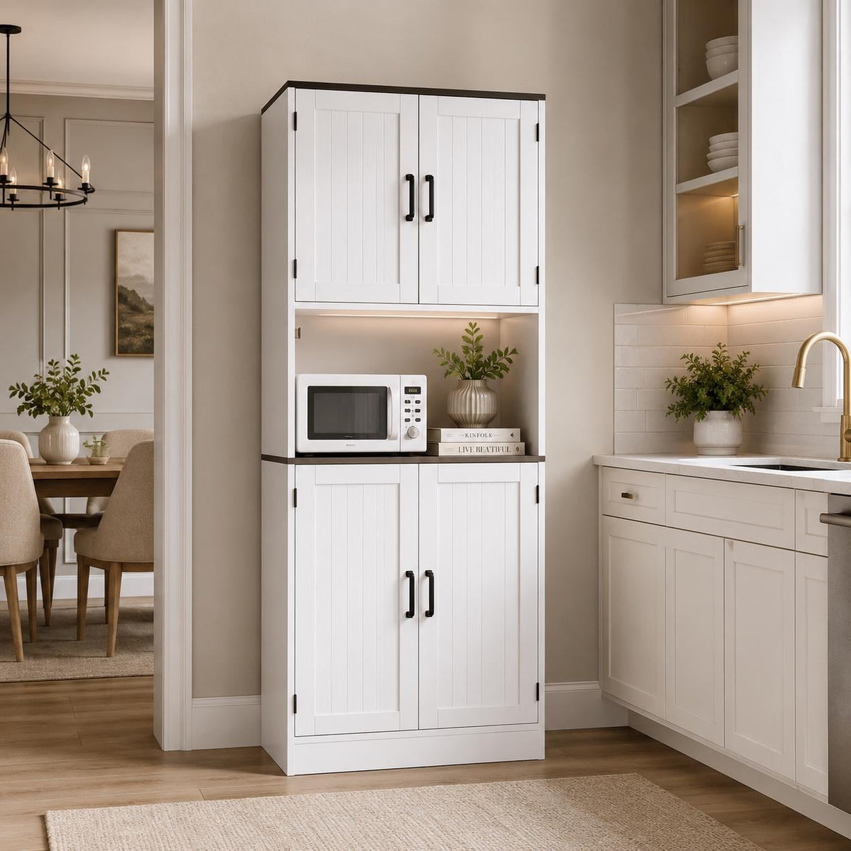 Farmhouse Pantry Cabinet with Charging Station, 71" Storage Hutch, Adjustable Shelves