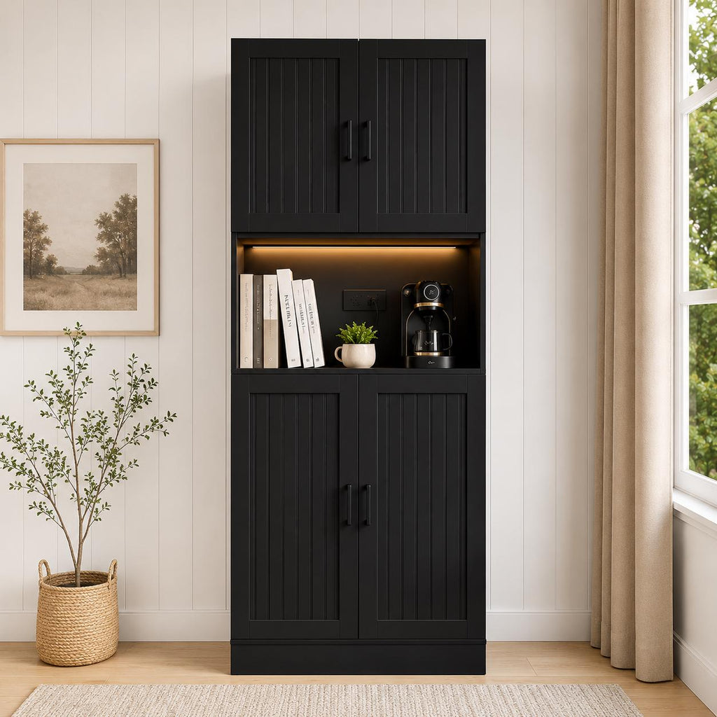 Farmhouse Pantry Cabinet with Charging Station, 71" Storage Hutch, Adjustable Shelves