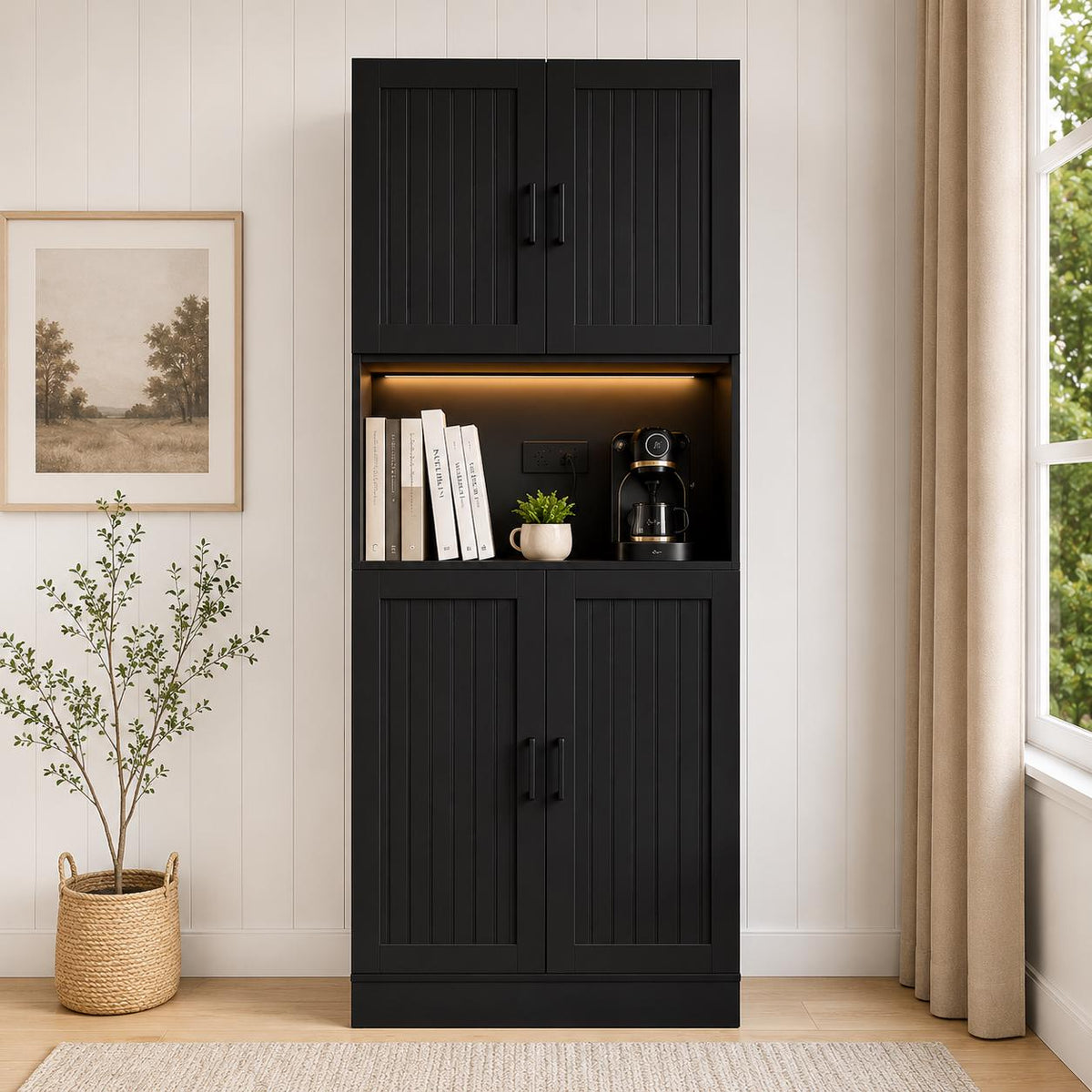 Farmhouse Pantry Cabinet with Charging Station, 71" Storage Hutch, Adjustable Shelves