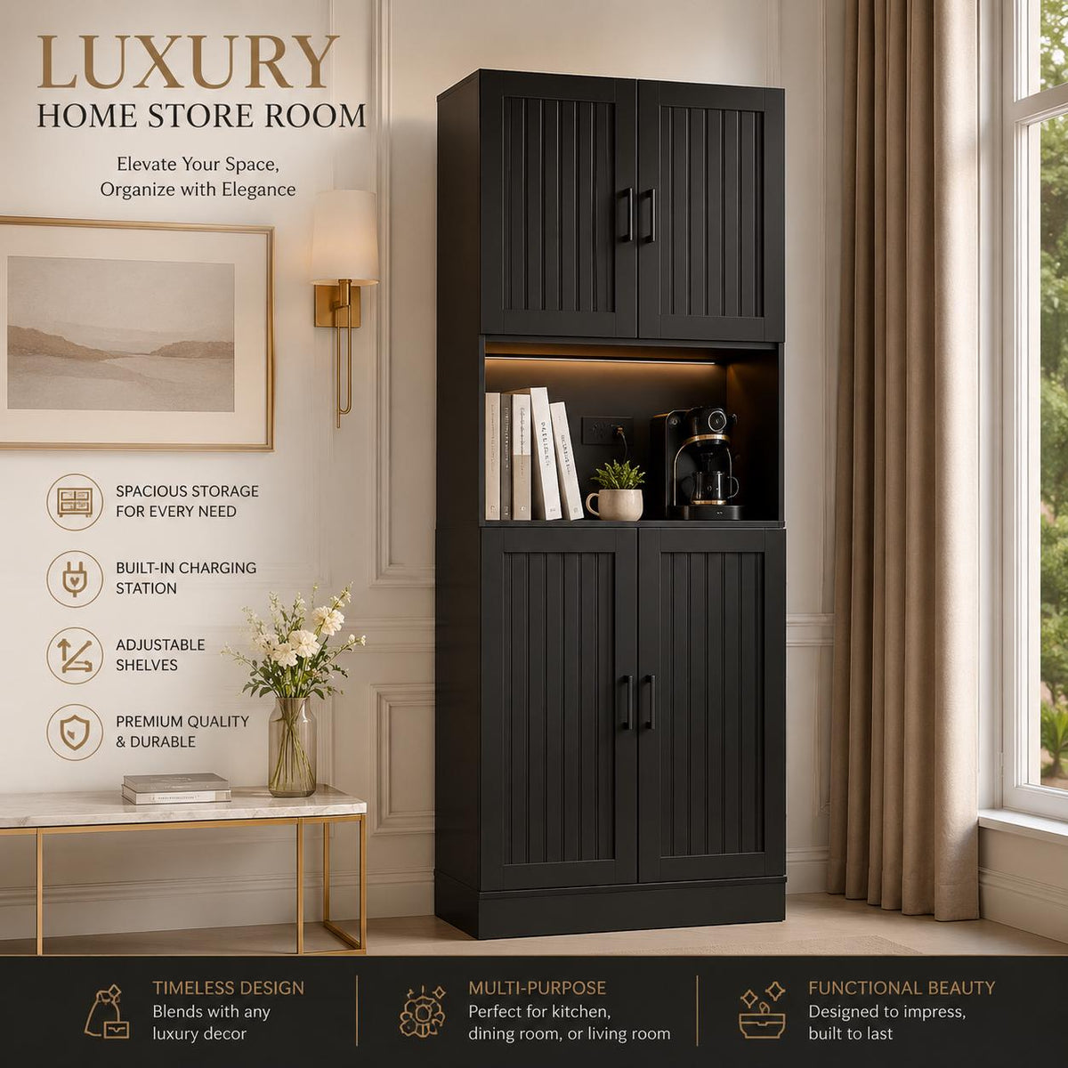 Farmhouse Pantry Cabinet with Charging Station, 71" Storage Hutch, Adjustable Shelves
