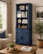 Farmhouse Bookshelf, 7 Tier Bookcase with Drawer, Barn Doors, Adjustable Shelves