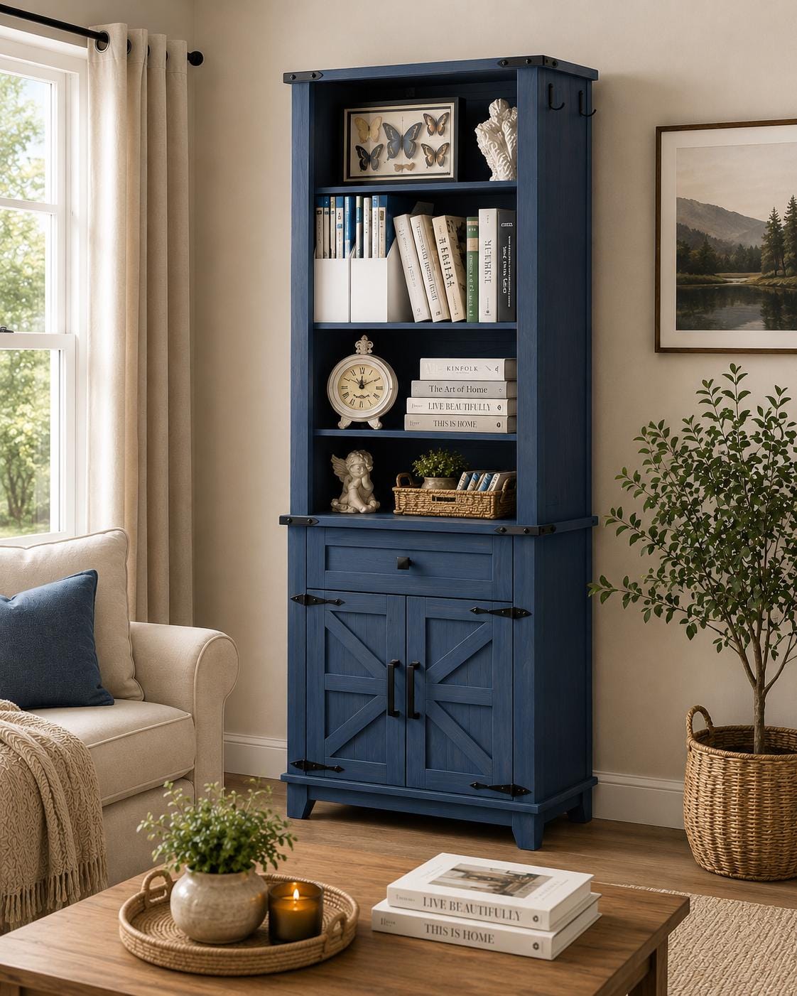 Farmhouse Bookshelf, 7 Tier Bookcase with Drawer, Barn Doors, Adjustable Shelves