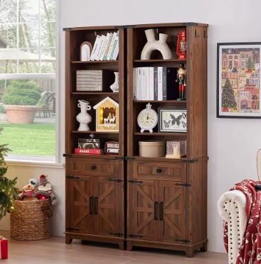 Farmhouse Bookshelf, 7 Tier Bookcase with Drawer, Barn Doors, Adjustable Shelves
