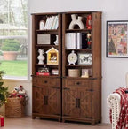 Farmhouse Bookshelf, 7 Tier Bookcase with Drawer, Barn Doors, Adjustable Shelves