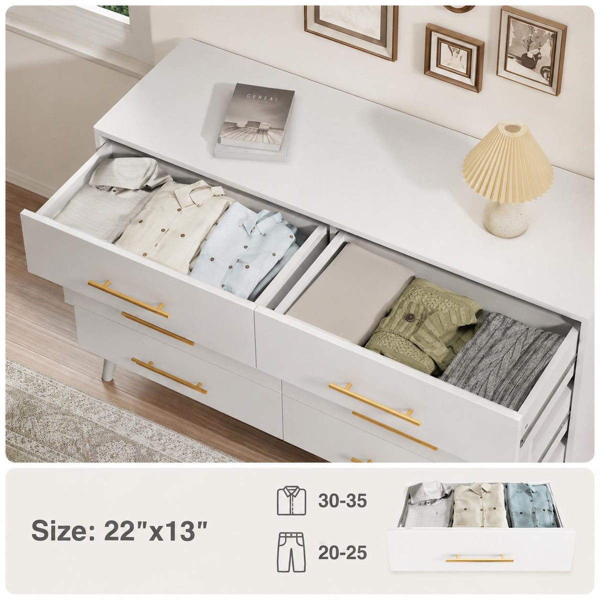 6 Drawer White Dresser, Modern Wood Chest with Metal Handles, Bedroom Storage Cabinet