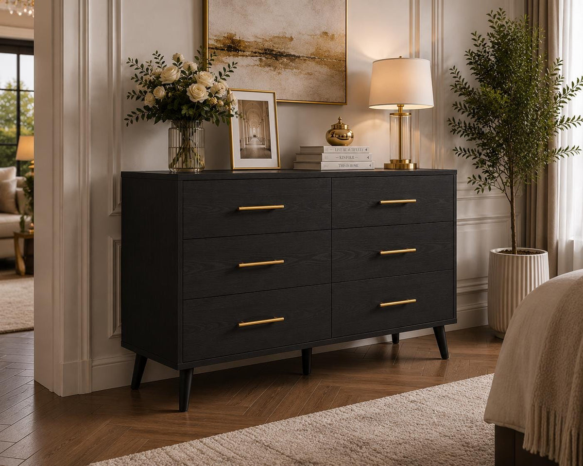 6 Drawer White Dresser, Modern Wood Chest with Metal Handles, Bedroom Storage Cabinet