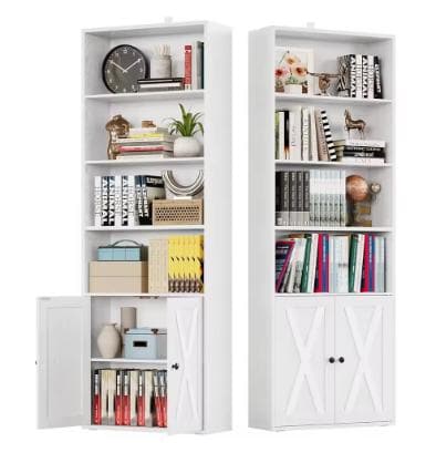 Set of 2 Industrial Bookshelves with Doors, 6-Tier Display Storage Shelving