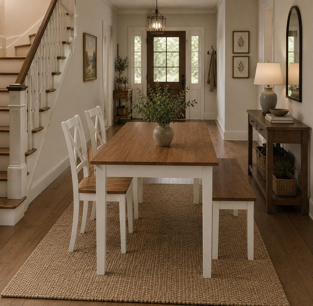 Farmhouse Dining Table Set, Rustic Walnut Wood, 6-Piece Seating for 6